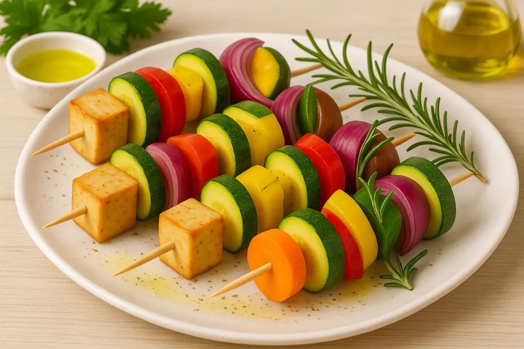 Bunte Gemüsespieße mit Tofu und frischen Kräutern auf einem weißen Teller, ideal für gesunde Gerichte in der Lebensmittelindustrie.