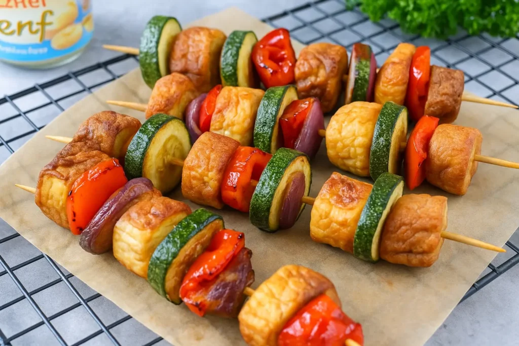 Bunte Gemüsespieße mit Paprika, Zucchini und anderen Zutaten auf einem Backpapier, ideal für Grillgerichte in der Lebensmittelindustrie.